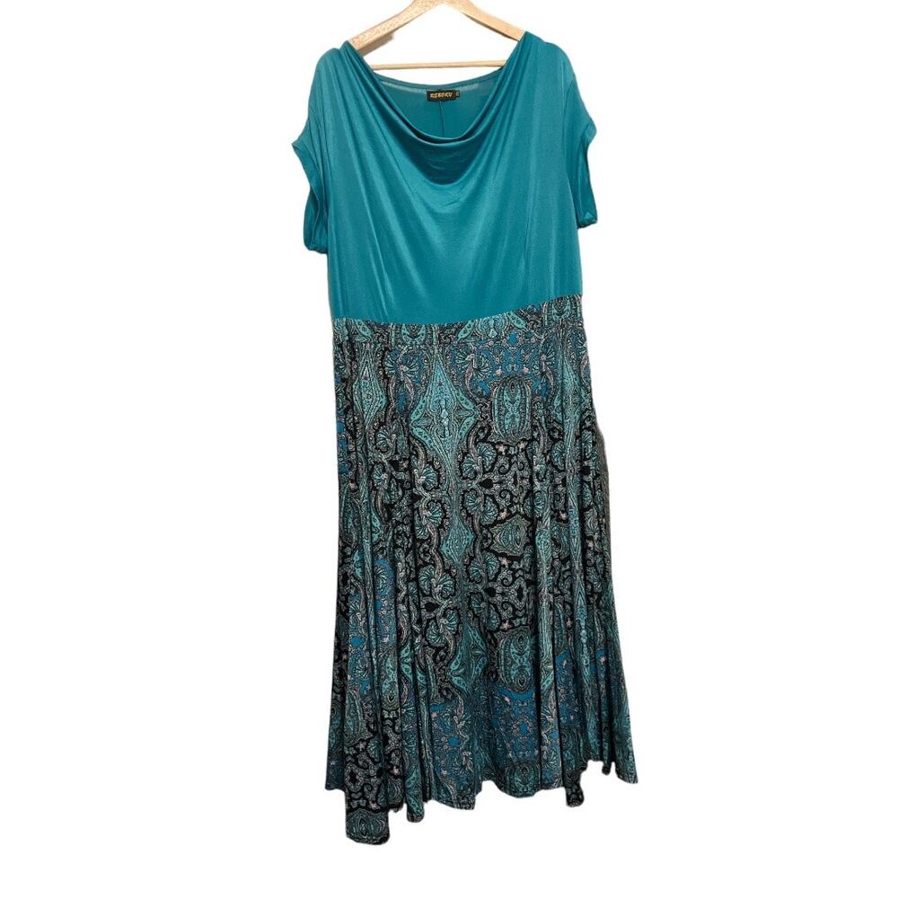 Reborn Cowl Neck Midi Dress Teal Paisley Size 2XL